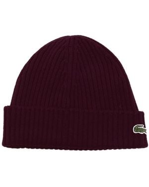 Lacoste Rib Knit Brushed Wool Beanie Hat - Red