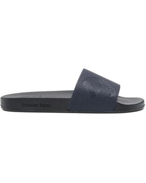 Stefano Ricci Eagle-Embossed Leather Slides - Blue