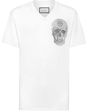 Philipp Plein Crystal-Skull V-Neck T-Shirt - White