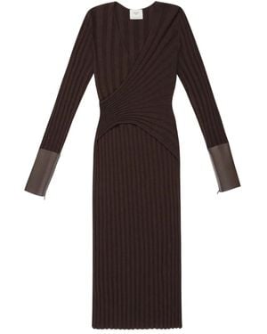Bally Ribbed Leather-Cuff Midi Dress - Brown
