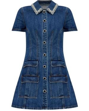 Self-Portrait Crystal-Trimmed Pocketed Dress - Blue