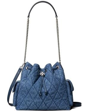 Tory Burch Charlie Quilted Denim Drawstring Shoulder Bag - Blue