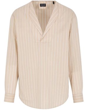 Giorgio Armani Gestreiftes Hemd Mit V-Ausschnitt - Weiß