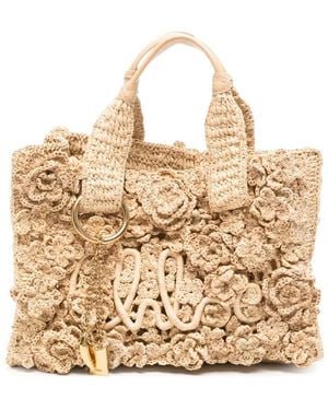 Chloé Bolso Shopper Summer Banana De Rafia Y Ganchillo Floral - Neutro