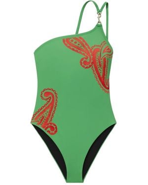 Tory Burch Embroidered One-Shoulder Swimsuit - Green