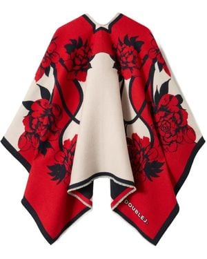 La DoubleJ Floral Print Wool Poncho - Red