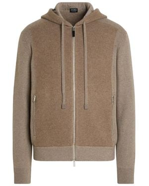 ZEGNA Ribbed-Panel Zip-Up Hoodie - Brown