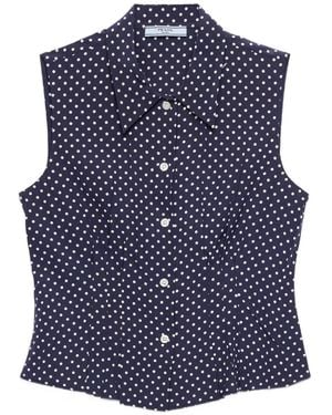 Prada Sleeveless Polka-Dot Marocain Silk Shirt - Blue