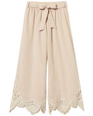 Twinset Cropped Muslin Pants With Macramé - Natural