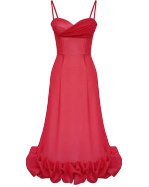 POST MERIDIEM Draped-Bodice Flounced-Hem Midi Dress - Red