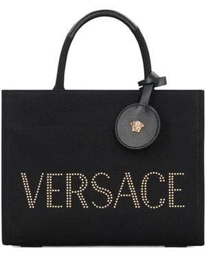 Versace Studded Logo Canvas Tote Bag - Black