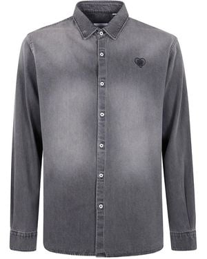 FAMILY FIRST Heart-Embroidered Denim Shirt - Grey