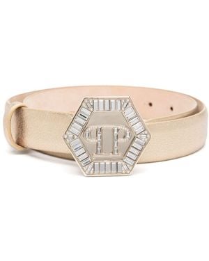 Philipp Plein Logo-Buckle Metallic Belt - Natural