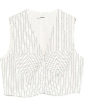 Sandro Striped Rhinestone-Embellished Crop Top - White