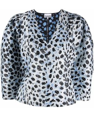 Ganni Leopard-Print Puff-Sleeve Top - Blue