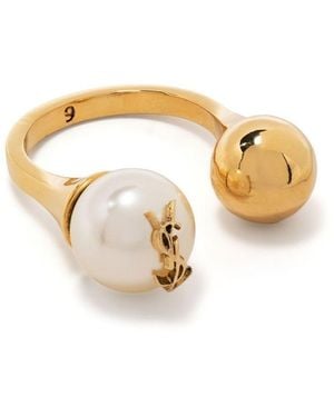 Saint Laurent Tone Cassandre Pearl And Ball Ring - Metallic