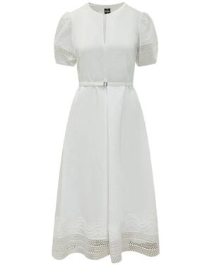 BOSS Doralia Belted Lace-Trim Midi Dress - White
