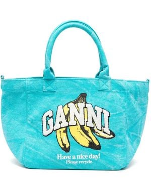 Ganni Banana-Print Tote Bag - Blue