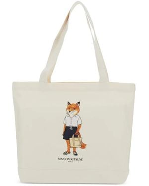 Maison Kitsuné Fox-Print Tote Bag - White