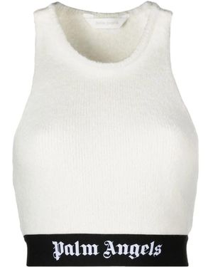Palm Angels Top In Maglia Bouclé Con Logo - White