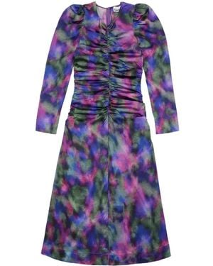 Ganni Graphic-Print Gathered Dress - Blue