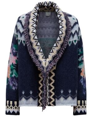 forte_forte Highlands Garden Floral-Intarsia Fringed Cardigan - Blue