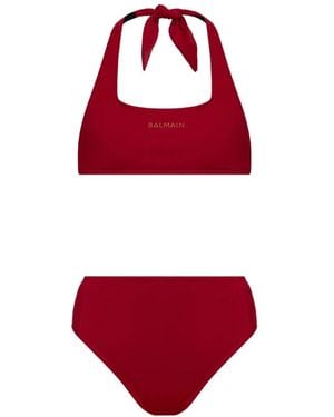 Balmain Embellished-Logo Halterneck Bikini - Red