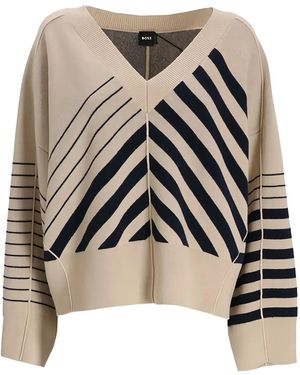 BOSS Fudali Striped V-Neck Jumper - Natural