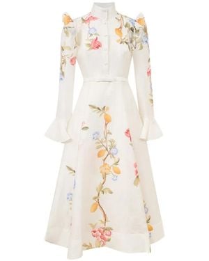 LEO LIN Floral-Print Ruffled-Shoulder Midi Dress - White