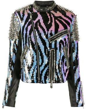 Philipp Plein Zebra Leather Biker Jacket - Black