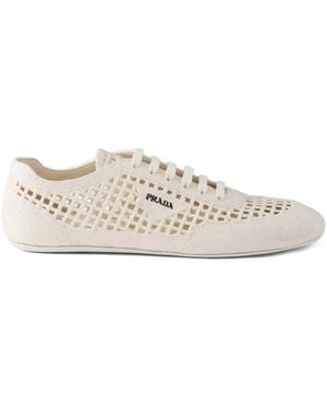 Prada Crochet Round-Toe Lace-Up Trainers - White