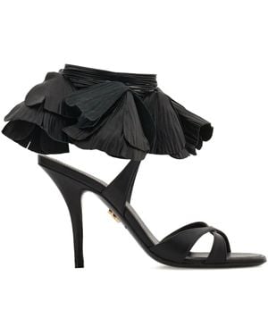 Ferragamo Flower-Embellished Leather Sandals - Black