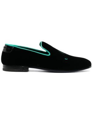 Philipp Plein Slogan-Embroidered Velvet Loafers - Black