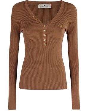 Elisabetta Franchi Geripptes Oberteil mit Knopfleiste - Braun