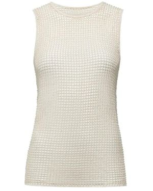 Another Tomorrow Beaded Mesh-Knit Top - White