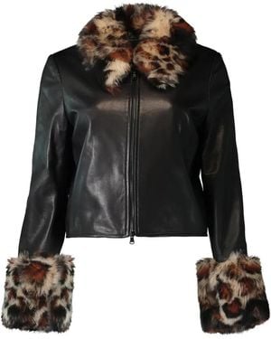 Susan Bender Leopard-Trim Leather Jacket - Black