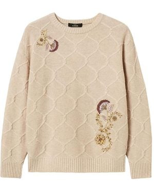 Twinset Floral-Embroidered Diamond-Knit Sweater - Natural