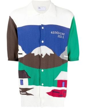 4SDESIGNS Intarsia-Knit Short-Sleeve Shirt - Blue