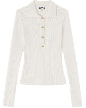 Ganni Button Ribbed Polo Shirts - White