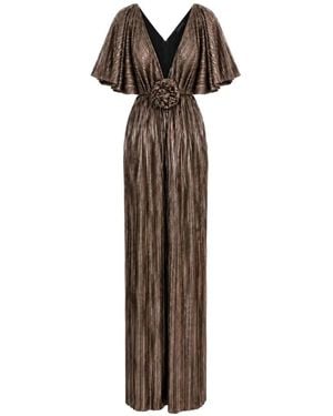 ROSERRY Florence Pleated Floral-Appliqué Maxi Dress - Natural