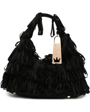 La Milanesa Fringe-Detailed Logo-Plaque Clutch Bag - Black