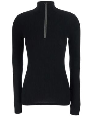 Brunello Cucinelli Jersey De Canalé Con Aplique Monili - Negro