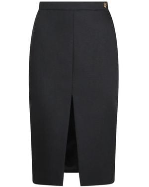 Elisabetta Franchi Logo-Plaque Front-Slit Wool Midi Skirt - Black