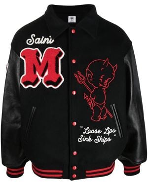 SAINT Mxxxxxx Slogan Print Varsity Jacket - Black