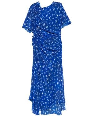 Victoria Beckham Floral-Print Smocked Asymmetric Dress - Blue
