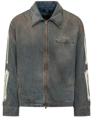 Amiri Bones Leather-Patch Denim Jacket - Gray
