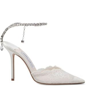 Jimmy Choo Saeda 100 Ivory Lace Court Shoes With Crystal Chain Anklet - White
