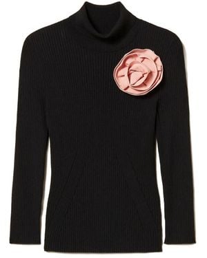 Twinset Turtle-Neck Brooch Jumper - Black