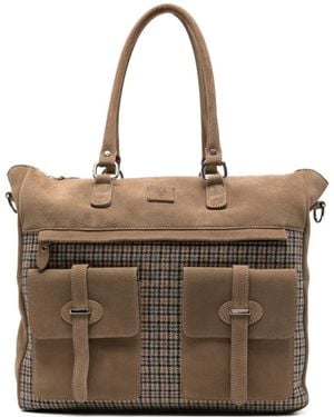 Eleventy Check-Pattern Suede-Panel Tote Bag - Brown