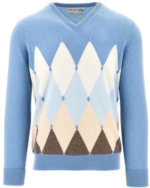 Ballantyne Argyle-Pattern V-Neck Sweater - Blue